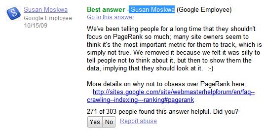 员工 Susan Moskwa在谷歌官方网站管理员中心表示,谷歌将停止PageRank值的更新